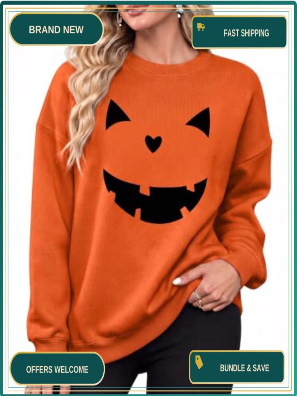 Halloween Pumpkin Face Print Crew Neck Pullover Sweatshirt